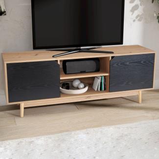 FineBuy Lowboard Eiche-Dekor Schwarz 150x55x40 cm TV-Kommode Modern, Design TV-Schrank Hoch, Fernsehtisch Fernsehschrank mit zwei Türen, Fernsehkommode Wohnzimmer Braun