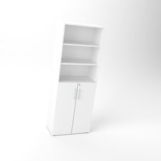 Rheinland Möbel Flügeltürenschrank Cabino 80×42×216 cm – abschließbarer Aktenschrank 3OH mit Regalaufsatz 3OH in Weiß mit 110° Drehtüren & Metallgriff