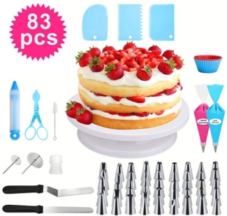 SURFOU Tortenplatte 83-teiliges Drehbarer Tortenständer Kuchen Backzubehör, (Tortenspachtel Glätter, Spritzbeuteln Spritzspitzen, Tortenzubehörset), Dekorations Kits, Cake Decorating Turntable mit Kuchenschabern