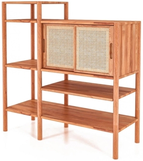 Bücherregal Zola Kernbuche massiv und Rattan 120x123 cm 2 Schiebetüren 5 Fächer