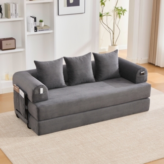 Flieks 2-Sitzer Sofa, Schlafsofa Zusammenlegbares Kompressionssofa mit robustem Metallrahmen, Seitentaschen plus 3 Kissen, Dunkelgrau