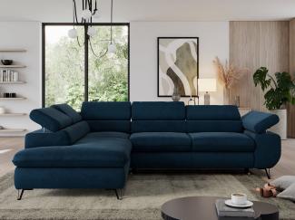 Ecksofa mit Bettfunktion, Modern Sofa, L-form, Einstellbare Kopfstützen, Bettkasten, PEDRO, 1x Ecksofa, 1x Topper, Dunkelblau, Velours, links