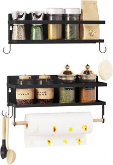 Woltu Gewürzregal, Wandregal Küche mit Küchenrollenhalter 4 Haken, 30 cm breit