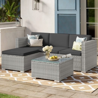 SONGMICS Gartenmöbel-Set mit Kissen und Glastisch, Polyrattan, Grau / Dunkelgrau