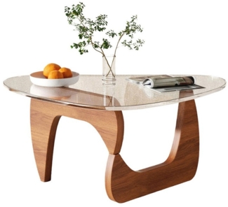 TWSOUL Couchtisch Gehärtete Glasplatte Durchsichtig Wohnzimmertisch Massivholzsockel, Dreieckiger moderner Beistelltisch, Vintage-Platte Balkon