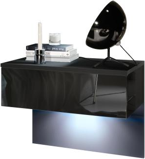 Vladon Nachttisch Sleep, Nachttischschrank mit Schublade zur Wandmontage, Schwarz matt/Schwarz Hochglanz, inkl. LED-Beleuchtung (60 x 46 x 35 cm)