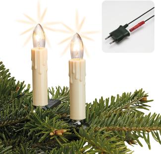 hellum Lichterkette Weihnachtsbaum Made-in-Germany Christbaumbeleuchtung Kerzen Lichterkette innen mit Clip, 20 Lichter, beleuchtet 1330cm, Kabel grün Schaft elfenbeinfarben mit Wachstropfen 812077