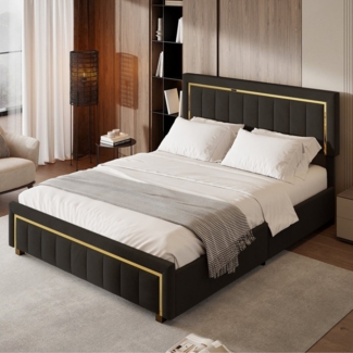 PXloue Polsterbett Stauraumbett Doppelbett (Hochklappbares Bett 160x200 cm), Samtbezug in Schwarz, mit stabilem Lattenrost & Metallrahmen