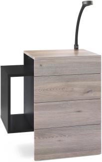 Vladon Nachttisch Queens, Nachttischschrank mit 2 Schubladen und 1 seitlichem Fach zur Wandmontage, Schwarz matt/Eiche Nordic, inkl. LED Flexi Lampe schwarz (60 x 63 x 36 cm)
