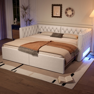 Merax Daybett Polsterbett 90 x 200/180 x 200cm Ausziehbares Tagesbett mit Polsterung und LED-Licht, Beige