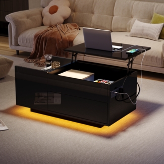 Couchtisch 95×48×42 cm, schwarz Hochglanz mit gehärtetem Glas, 1 Schublade, hydraulisch anhebbar