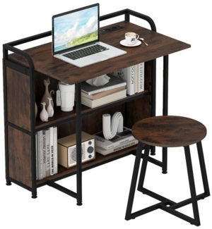 COSTWAY Schreibtisch (mit Hocker), mit Steckdose, Klapptisch Beistelltisch Metall