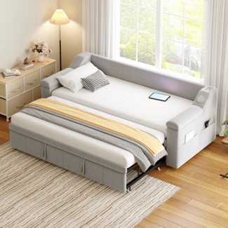 Merax Polsterbett, Doppelbett, Schlafsofa, 90/180*190 cm, Mit Smart Bluetooth-Stereoanlage, USB-Ladeanschluss, Ablagefächern, Samtstoff, Hellgrau