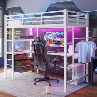 Merax Hochbett LED Metallbett 90x200cm mit Schreibtisch, 3 Schubladen, USB-Aufladen, weiß