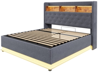 BlingBin Polsterbett Doppelbett, Stauraumbett mit USB-Ladeanschluss (1er Set, 1-tlg, LED-Polsterbett 180x200 cm), Funktionsbett mit hydraulischem Stauraum, hautfreundlicher Leinenstoff