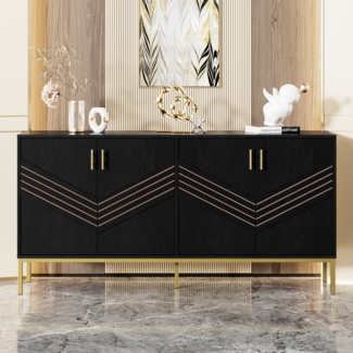 Modernes Sideboard mit 4 Türen, stilvolles Design, große Kapazität, höhenverstellbare Regale, für Wohnzimmer, Esszimmer & Flur MDF-Korpus mit Metallbeinen Schwarz & Gold