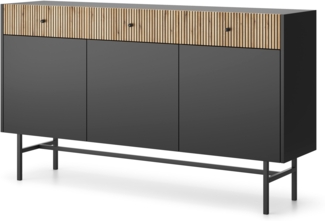 AX LIVING Kommode modern Dinley 155 cm Schwarz mit Eiche-Riffel-Fronten