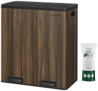 SONGMICS Mülleimer, 2 x 30 Liter, 2 Fächer, Mülltrennsystem, Treteimer, Abfalleimer Küche, 15 Müllsäcke, Metall, Inneneimer aus Kunststoff, Klappdeckel, Softclose, dunkelwalnussfarben