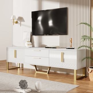 TV-Schrank 170 cm Weiß Gold, TV Lowboard mit Türen und Schubladen, Hochglanz Fernsehtisch