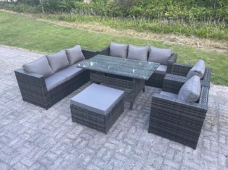 Fimous Outdoor Gartenmöbel Set Terrassen Rattan Rechteckiger Esstisch mit 2 Sesseln Großer Fußhocker 9 Sitzer Dunkelgrau gemischt