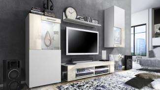 Vladon Wohnwand Movie, Anbauwand bestehend aus 1 TV-Board, 2 Vitrinen und 1 Regal, Weiß matt/Weiß matt/Creme Hochglanz, inkl. LED-Beleuchtung in weiß (Gesamt: 300 x 190 x 39 cm)