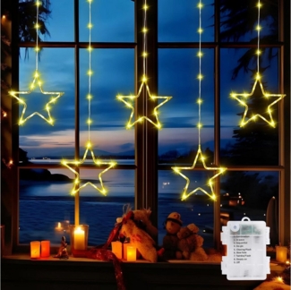 Quntis LED-Lichterkette 60/120cm LED-Lichtervorhang für fenster Weihnachtsdeko mit Haken, Timer/Memory-Funktion 8 Modi, Batterie, für Fenster Balkon