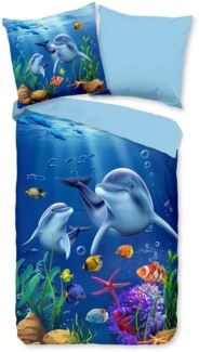 PURE luxury collection Kinderbettwäsche Mare, Microfaser, 2 teilig, Mikrofaser, 135x200, Pflegeleicht, Wendeoptik, Kind, Delfin Meer, Blau