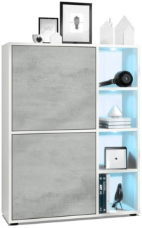 Highboard Schrank Anrichte Cuba mit 8 Fächern, Korpus in Weiß matt / Fronten in Beton Oxid Optik, mit RGB LED Beleuchtung