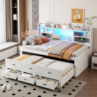 Flieks Daybett, Tagesbett 90x200 cm Ausziehbett 90x190 cm mit LED, Aufladen, Schubladen