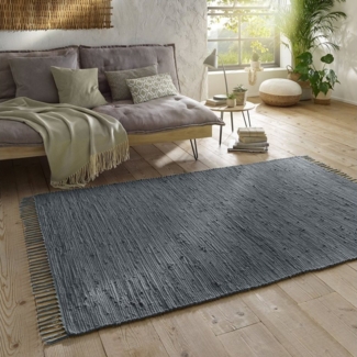 TaraCarpet Teppich Flickenteppich TaraCarpet Sylt mit Fransen, rechteckig, Höhe: 5 mm, Wohnzimmer Schlafzimmer Küchenteppich anthrazit 140x200