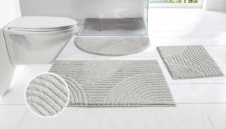 my home Badematte Ognon, Scandi, Boho, modernes Muster, Höhe 15 mm, rutschhemmend beschichtet, fußbodenheizungsgeeignet, schnell trocknend, strapazierfähig, Polyester, rechteckig, 3-tlg. Stand-WC Set, Badteppich, Uni Farben, Hoch-Tief-Effekt