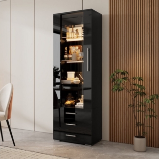 HAUSS SPOLE Vitrine Hochglanz, Glasvitrine mit LED-Beleuchtung, 3 Schubladen, Schwarz (Hochschrank, Highboard, Standvitrine , 1-St, mit LED-Beleuchtung) 3 Schubladen, 1 Glastür
