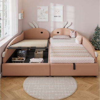 Flieks Polsterbett, Hydraulisches Kinderbett 90x200cm*2 mit erhöhtem Zaun Häschen-Kopfteil