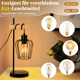 ZMH Tischleuchte Wohnzimmer Retro Schwarz-Holz Nachttischlampe Industrial Design E27, Einfache Installation, ohne Leuchtmittel, 1 Flammig Vintage Tischleuchte im Industrial Design aus Metall Esstich