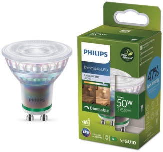 Philips LED-Glühbirne klassisch, UltraEffizient, 50W, 485Lm, B35, GU10 2700K, mattes Glas, dimmbar, Klar