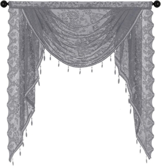 Kaket Vorhang Blumen Vintage Deko Vorhang, halbtransparente Spitzenvorhänge, Satin-Panels mit kurzen Vorhängen, mit Perlenquasten