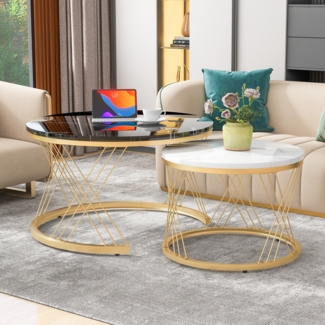 OKWISH Couchtisch 2-teiliges Couchtisch-Set mit Marmormuster (Satz von 2, Goldene Farbe Frame, 2-St, Sturmbare Struktur Für Stabilität Und Haltbarkeit Einfach Zu Montieren), Smart Einzigartiges Design Nesting Design For Space Saving