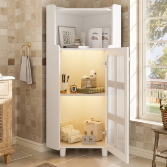 Flieks Eckschrank mit LED-Beleuchtung und Glastüren (1-St, B63,5 x 45 x 45xH124 cm) Mehrzweckschrank Hochschrank Badkommode Eckregal Weiß