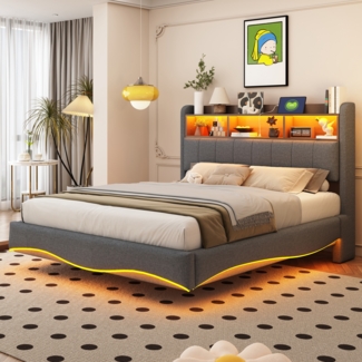 Polsterbett 140x200 cm aus Leinenstoff mit LED-Beleuchtung und Stauraum am Kopfteil