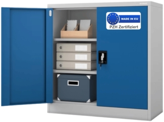 Aktenschrank abschließbar KADO - 3 Ebenen verstellbar, Flügeltüren | Metallschrank Werkstatt Mehrzweckschrank Büroschrank aus Stahl Werkzeugschrank, 93x90x40cm Grau-Blau