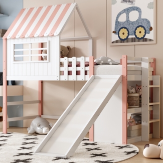 Merax Hochbett Kinderbett 90 x 200 cm, Massivholzbett Dachboden-Design mit Sicherheitsleiter und Sicherheitsrutsche, mehrstöckige Ablagefächer Multifunktionsbett Einzelbett, Rosa