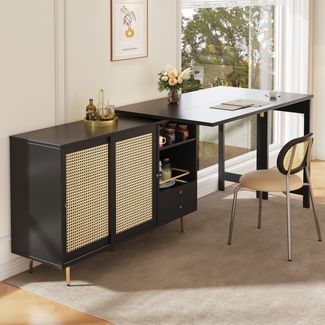 Tischschrank erweiterbar und 360° drehbar mit Retro-Rattantüren, Sideboard-Buffet mit Stauraum, Esstisch Küchenregal, 71.4cmx107cmx40cm, Schwarz