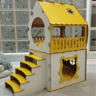 Jungengel Katzenliege 2-stöckiges Katzenhaus mit Treppe & Fenster aus Holz, Gelb-Weiß, Gelb-weißes Design, mit Treppe, Fenster, Balkon & Katzenmotiv
