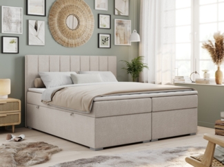 Boxspringbett mit 2 Bettkästen, Matratze und Topper, Polsterbett - ALLY - 140x200cm - Beige Stoff - H4