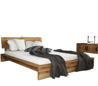 Bett Lubic 2 Sonderlänge 120x220 Wildeiche mit Holzkopfteil und Holzfußgestell