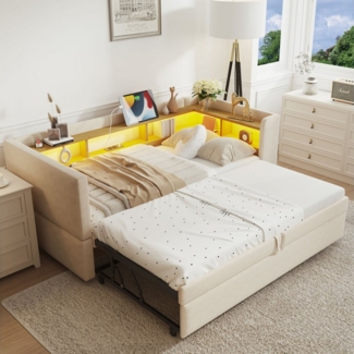 HAUSS SPOLE Schlafsofa 90/180x190cm ausziehbares Daybett mit LED Leuchten, Steckdosen, Beige, Ausziehbares Schlafsofa 90/180*190 cm, mit Steckdosen & Ablagefächern, Multifunktional für Gästezimmer, Wohnzimmer & Schlafzimmer