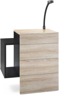 Vladon Nachttisch Queens, Nachttischschrank mit 2 Schubladen und 1 seitlichem Fach zur Wandmontage, Schwarz matt/Eiche Sägegrau, inkl. LED Flexi Lampe schwarz (60 x 63 x 36 cm)