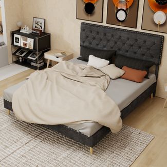 Flieks Polsterbett 160x200cm, Doppelbett mit Nietendesign Kopfteil, Samt, Grau