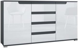 Vladon Sideboard Sylt V1 (Kommode mit 2 Türen und 4 Schubladen, Korpus - Anthrazit matt / Front - Weiß Hochglanz), Absetzung - Anthrazit matt (138,5 x 75,5 x 35 cm)