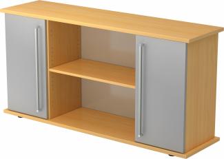 bümö Sideboard Buche/Silber mit Flügeltüren & Regal - Büromöbel Sideboard Holz 166cm breit, 45cm schmal, Büro Schrank für Flur oder als Wohnzimmer-Kommode mit Chromgriff, SB2T-6-S-CE